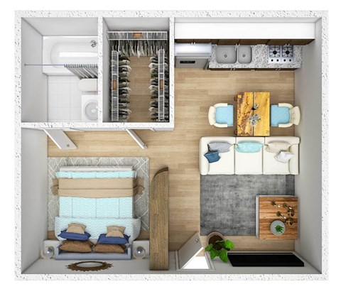 A 3D floor plan of a small apartment with a kitchen, living room, and bathroom.